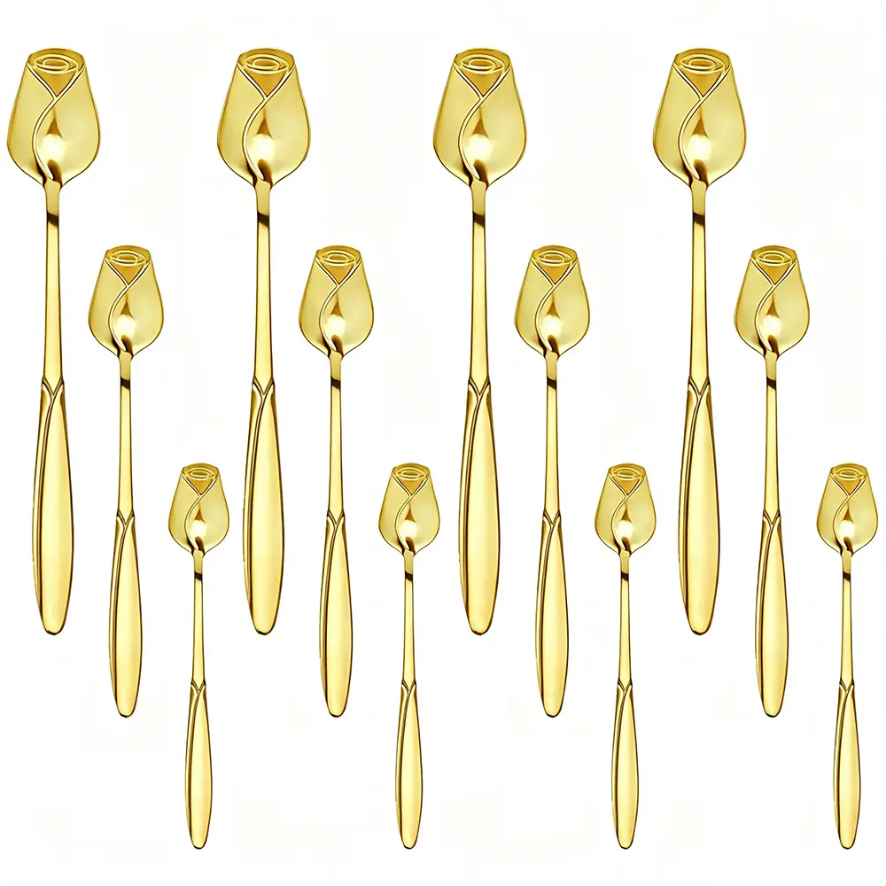Pack of 12 Gold Rose Tea Spoons - Stainless Steel Tea Stirring Spoons with Elegant Rose Design, Ideal for Tea, Coffee and Desserts