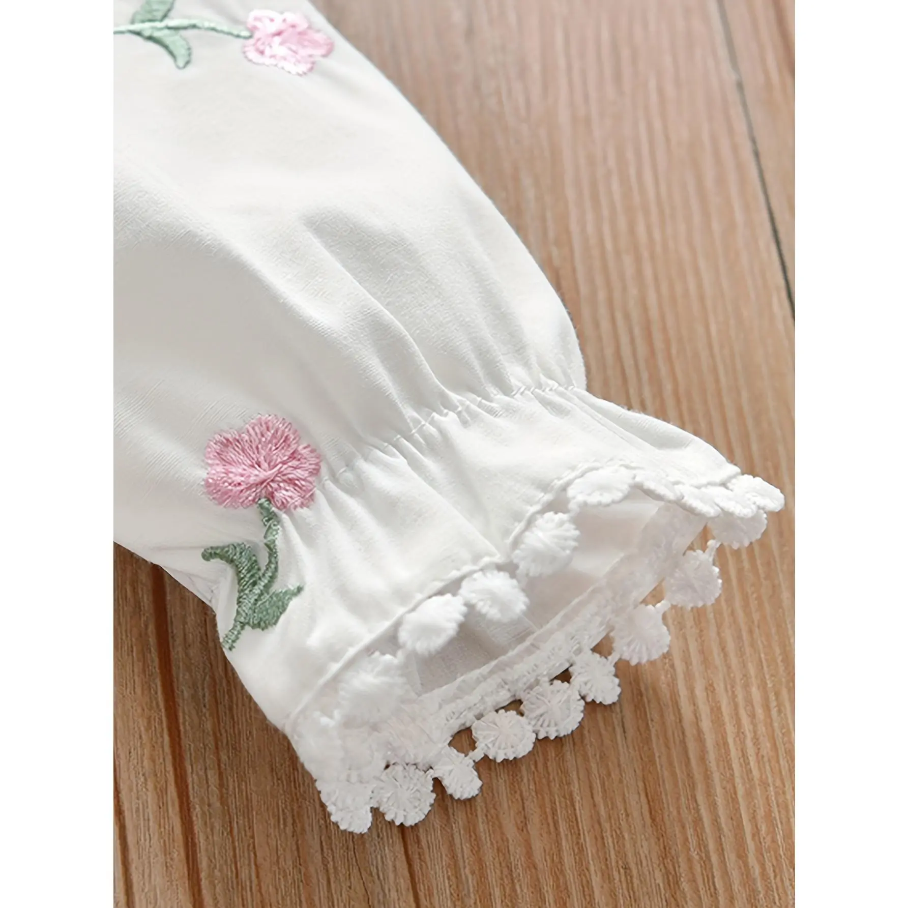 Girls' Cute Blouse with Embroidered Lapel Collar, Versatile Long Sleeve Button-Up Shirt for Everyday Wear, Cotton, Blouse/Shirt, Floral