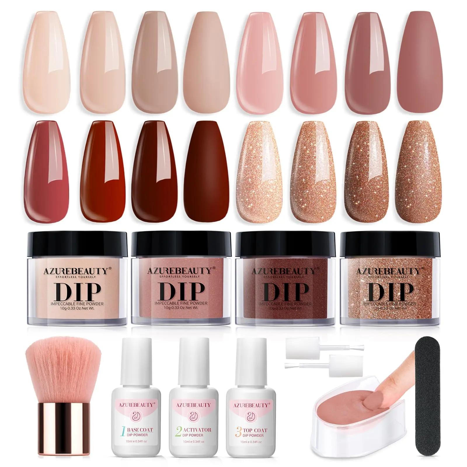 AZUREBEAUTY Dip Powder Nail Kit Starter - 12-Piece Cosmetic Set with 4 Nude Brown Glitter Shades, Polish, Dipping Liquids for DIY Manicure & Nail Care, Dip Powder Nails