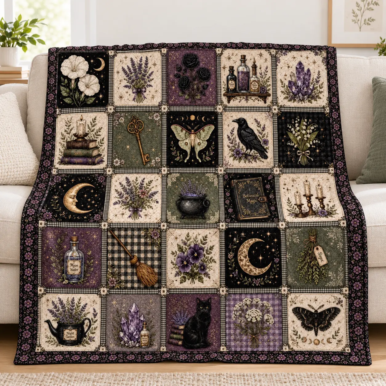 Gothic Witch Quilt Blanket, Dark Cottagecore Lavender Moon Raven Patchwork Flannel Throw Blanket, Botanical Magic Cozy Lightweight Blanket for Sofa Bed Bedroom Home Decor, Witchy Gift for Gothic Aesthetic Lovers