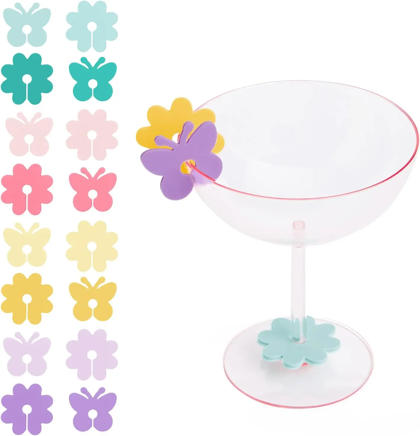 xo, Fetti Reusable Silicone Butterfly + Flower Drink Markers Set - 16 ct | Pastel Bachelorette Party, Baby Shower Decorations, Groovy 70s Home Supplies