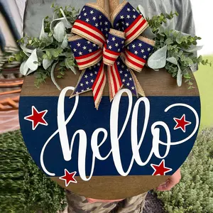 Fourth of July Front Door Decor, Hello Patriotic Wreath Decoration for Porch, Hanging Gift for Farmhouse Home Bar, Outdoor Indoor Decor