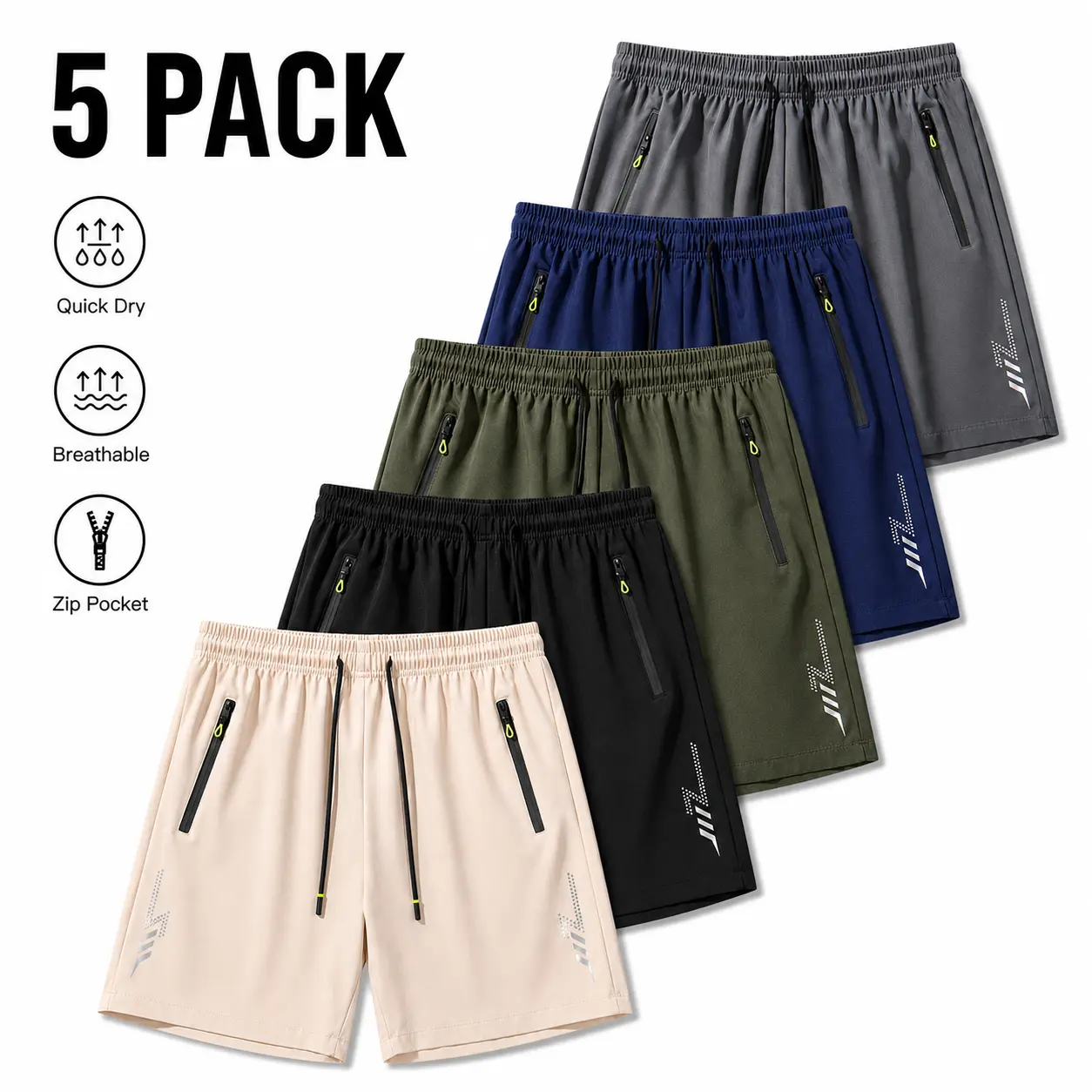 5-Pack Men’s Quick-Dry Athletic Shorts with Zipper Pockets, Breathable Drawstring Running Gym Workout Shorts for Summer Fitness & Everyday Wear