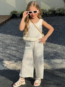 Summer trousers set for girls, simple and ladylike style, solid color fringed lace vest top and lace trousers two-piece set, elegant solid color lace top and lace pants two-piece set, casual fit style, suitable for daily wear