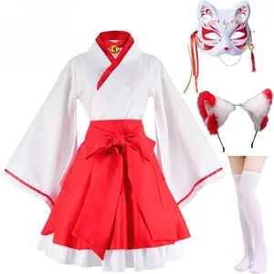 Anime Red And White Kimono Fox Cosplay Costume Japanese Style Clothes Girl Outfit Hair Clips Mask Stocks Women Uniform
