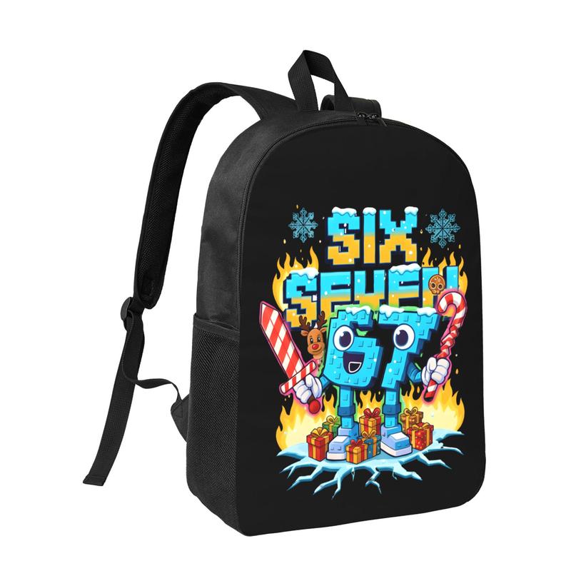 Festive "Six Seven" 67 Cartoon Christmas Backpack with Snowflake & Candy Cane Print for Kids & Teens Casual School Travel Bag