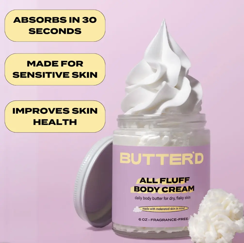 Butter'd Bodycare All Fluff Body Cream 4 oz - Unscented, Non-Greasy, Premium Mango Shea Butter for Dry & Sensitive Skin Care