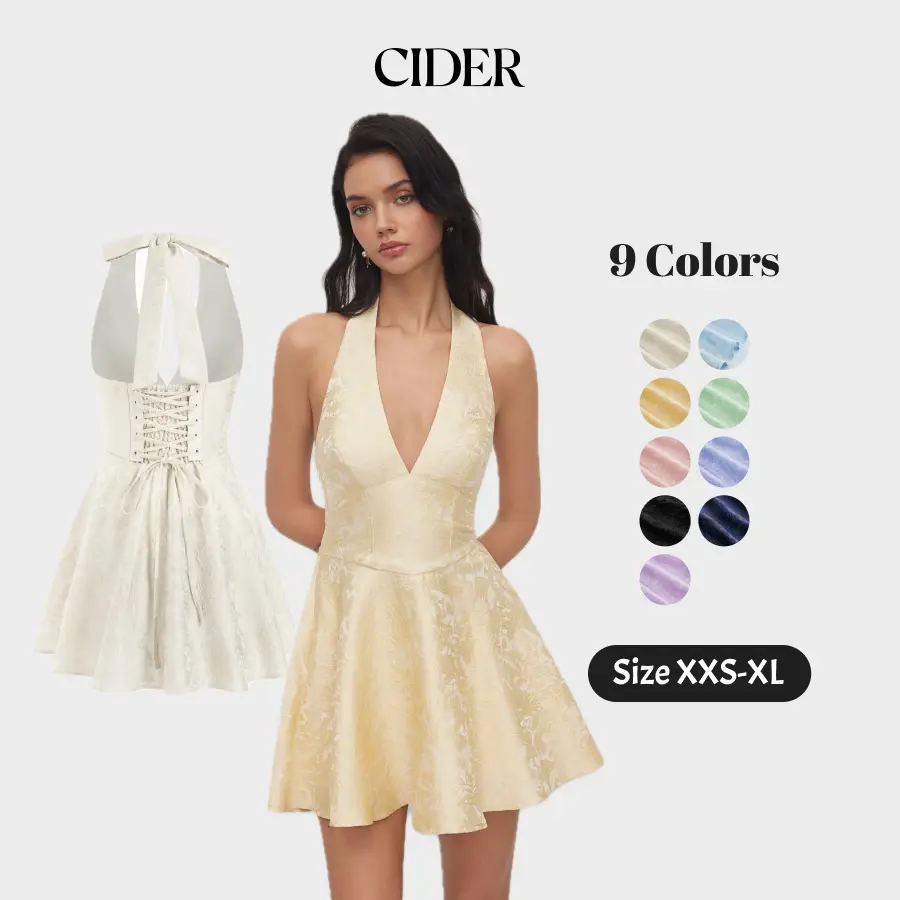Cider Jacquard Sculptural Halter V-neck Lace Up Backless Ruffle Mini Dress SummerFinds SohoChic