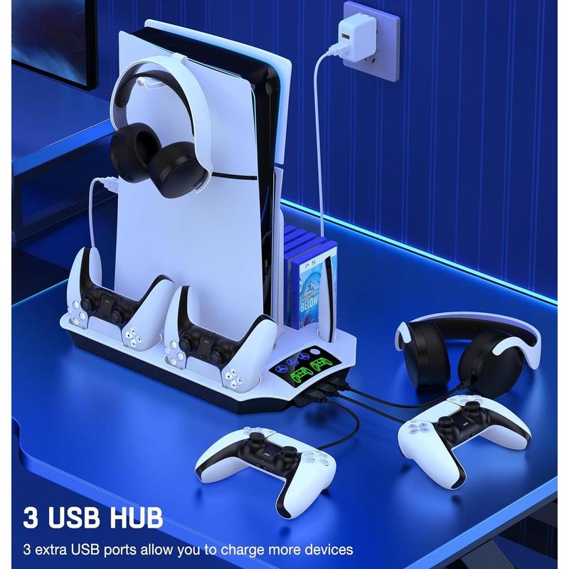 PS5 Slim Stand and Turbo Cooling Station with Dual Controller Charger Station for Playstation 5, PS5 Console Accessories with 3 Levels Cooling Fan 13-Game Organizer Headset Holder for PS5 Digital/Disc