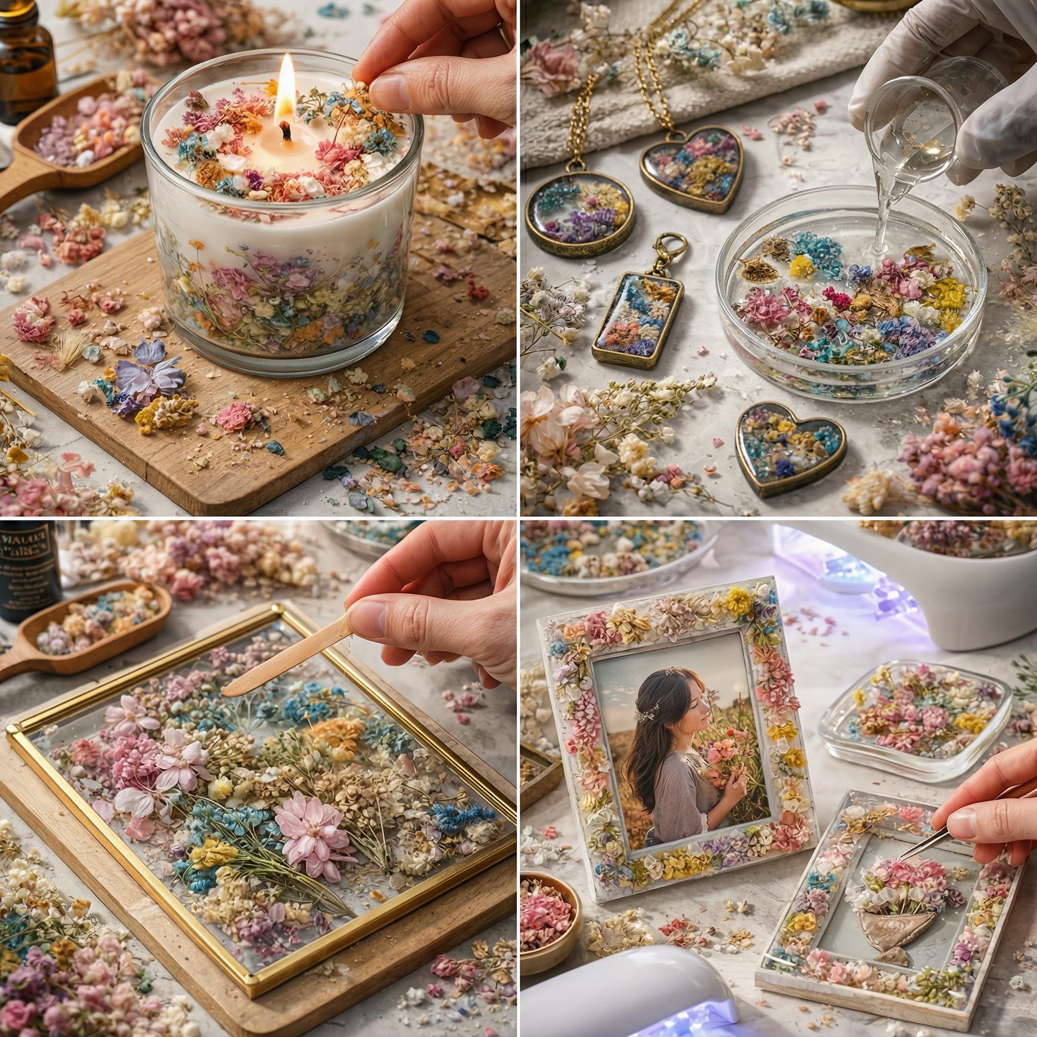 4 boxes of dried flowers in random colors, suitable for handmade DIY aromatherapy candle making, resin dried flower jewelry pendants, handmade floral greeting cards, photo frames, and more—perfect decorations for Christmas and Halloween | Multiple colors,