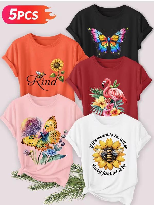 Women's 5pcs Fitted Graphic T-Shirts, Elegant Short-Sleeve Round Neck, Breathable Butterfly-Flower-Bird Printed Tops, Machine Washable, Suitable for Spring Summer Commuting Vacation