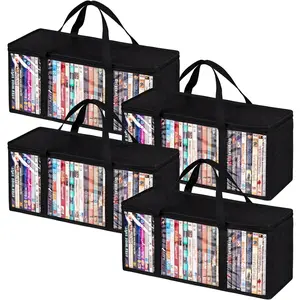 4 Pack DVD Storage Bags, Clear PVC Media Organizer with Zipper and Handles, Stackable Holder Case for CDs, Blu-ray, Video Games, Albums, Movie Cases
