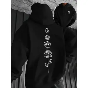 Men's Rose Print Drawstring Hoodie, Loose Casual Pocket Long Sleeve Hooded Sweatshirt, Men Clothes for Fall & Winter Daily Wear Men's Hoodies