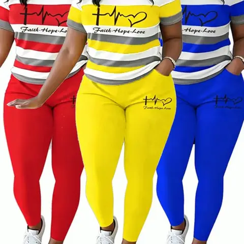 Women's Active Plus Size 2-Piece Crop Workout Set (0XL-5XL) 2026 New, Sporty Casual Gym Wear with Color-Blocked Letter Print Crew Neck Short Sleeve T-Shirt & Pocket Pants, Two Piece Sets
