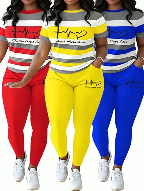 Women's Crop Workout Tracksuit Set-2026 New Plus Size Women's Two-Piece Set (0XL-5XL), Casual Color-Blocked Letter Print Crew Neck Short Sleeve T-Shirt and Pants Set with Pocket Pants
