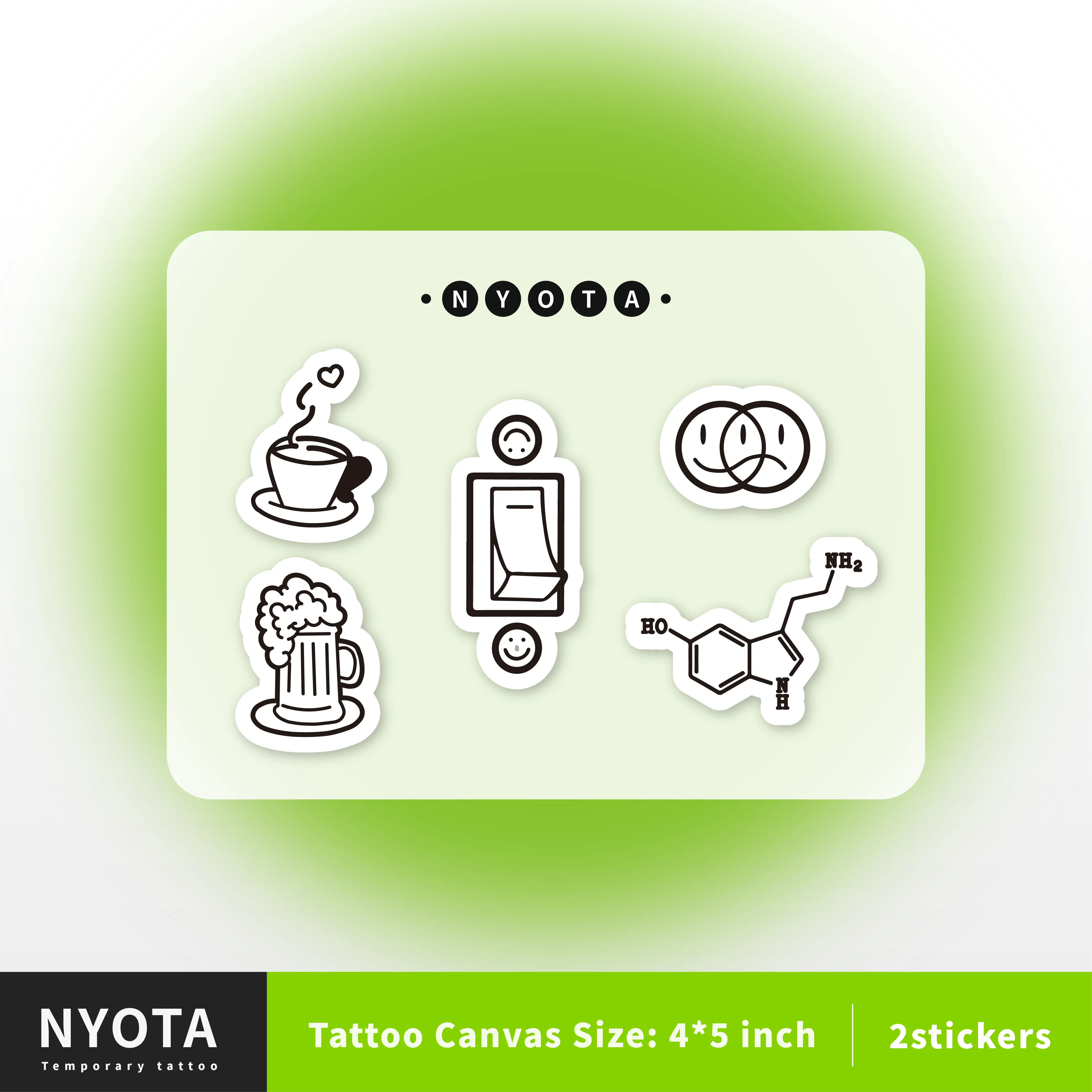 NYOTA Waterless Instant Tattoo Sticker - Happy formula 3.5x5 Inch Temporary Tattoos - 10 Stickers Included