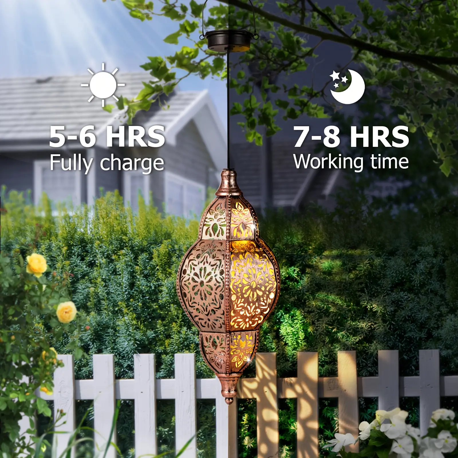 27.17 Inch Solar Lights Outdoor Pendant Light, Iron Hollow Out Projector Lantern, Porch Decorative Lights for Patio, Garden Decoration, Lawn, Deck, Porch