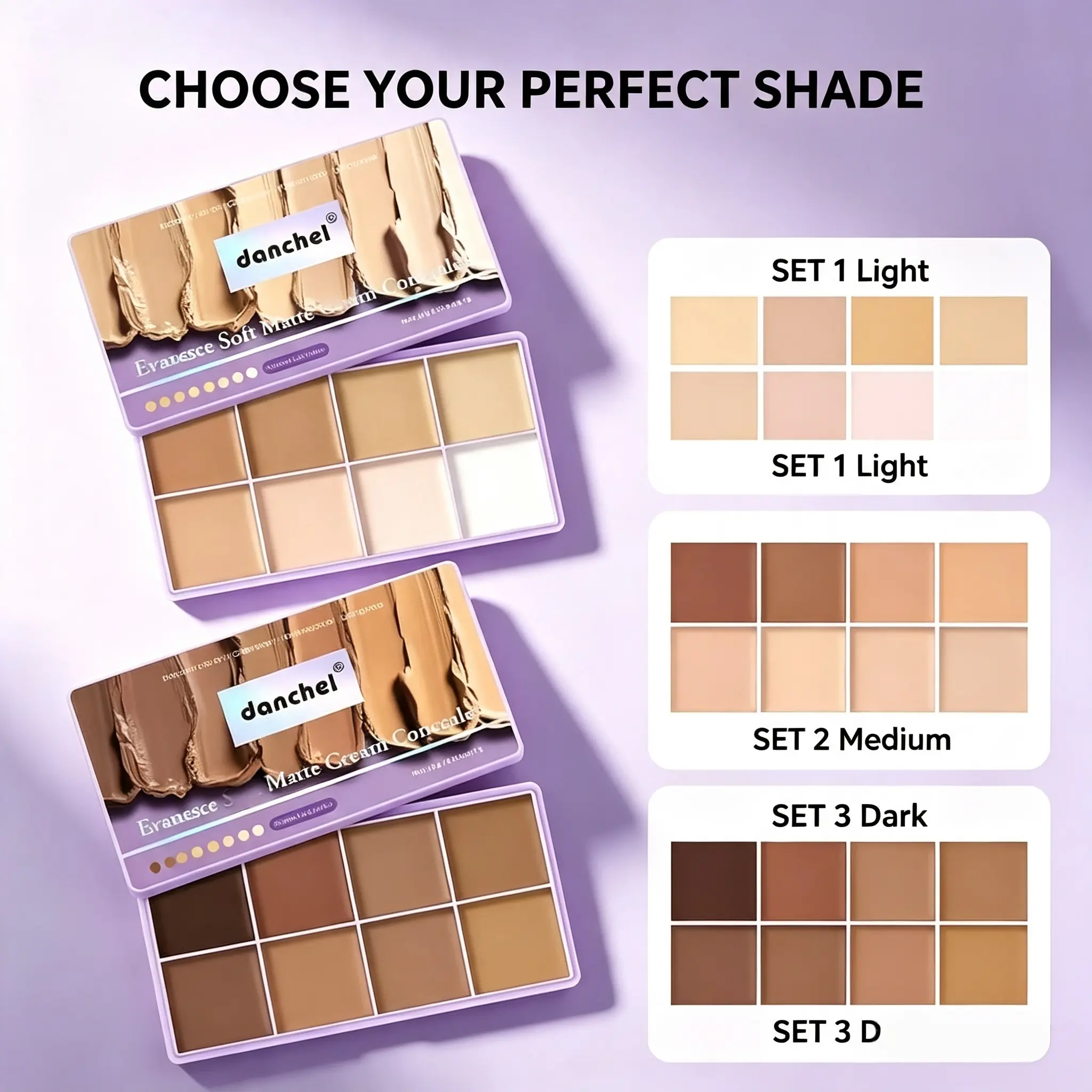 Danchel 8-Color Cream Concealer Palette, Light Medium Dark Shade Options, Buildable Color Corrector and Contour Makeup, Soft Matte Finish