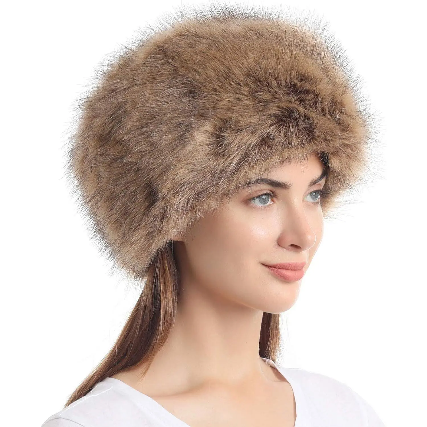 Women's Faux Fur Hat for Winter with Stretch Cossack Russian Style White Warm Cap