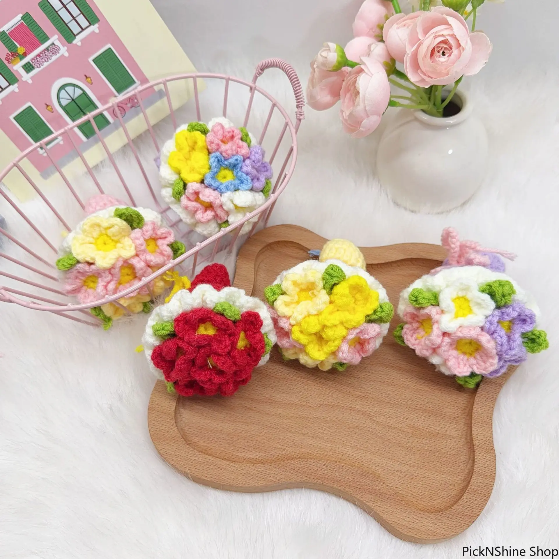Handmade Mini Crochet Hibiscus & Rose Bouquet Brooch Pin, Synthetic Fiber Decorative Fake Flower, Unisex Accessory for Clothes & Art Craft, Floral Bouquet, Decorative Artificial Flower, Basic, Art Craft Decoration