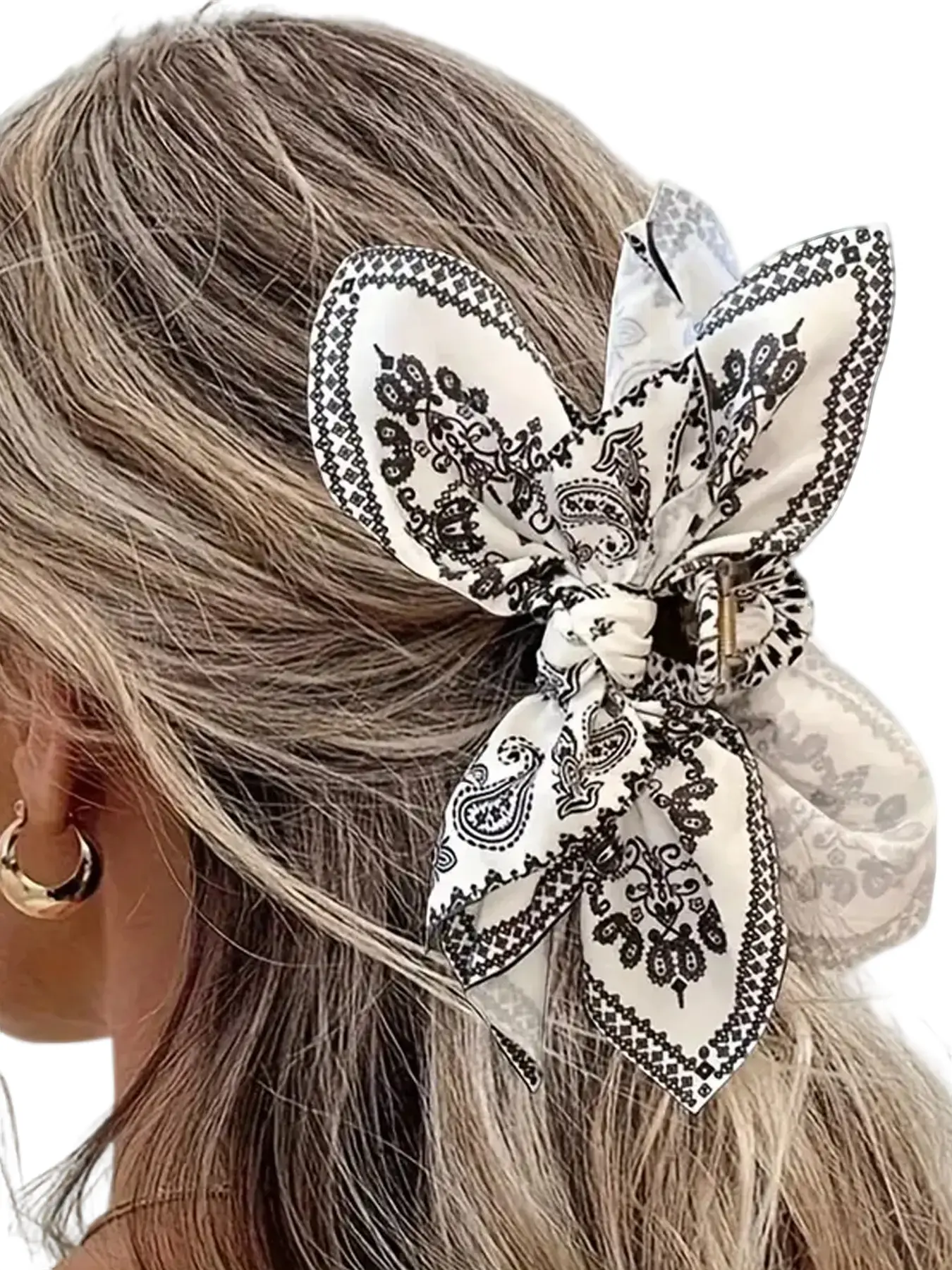 Women's Elegant Paisley Bowknot Design Hair Ponytail Claw Clip, Vintage Trendy White Claw Clip, Fashionable Boho All-match Fall Hair Accessories for W