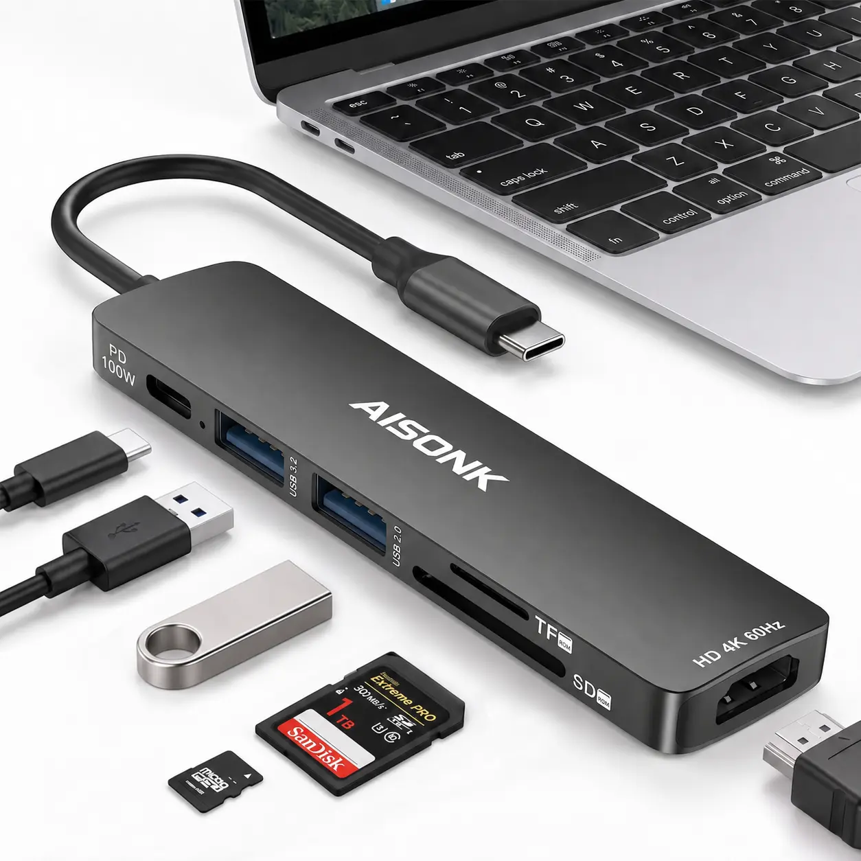 USB C Hub 6 in 1 Multiport Adapter, 4K@60Hz HDMI, 100W Power Delivery, USB 3.2 10Gbps, USB 2.0, SD/TF Card Reader, USB C Dongle for MacBook Pro/Air, iPad Pro, iPhone 15/16/17, Laptop & More-AISONK,portable charger