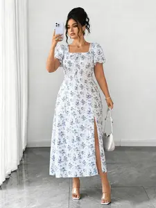 Plus Size Women's Summer Vacation Ditsy Floral Dress, Casual Fitted Short Sleeve Side Slit Long Dress, All Seasons Fashion Womenswear