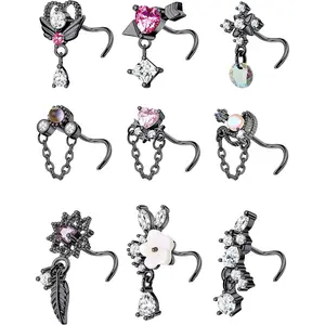 9 count 20G Dangle Nose Rings Studs for Women Stainless Steel L Shaped Nose Studs Heart Arrow  Snowflake Wing CZ Dangling Nose Piercing