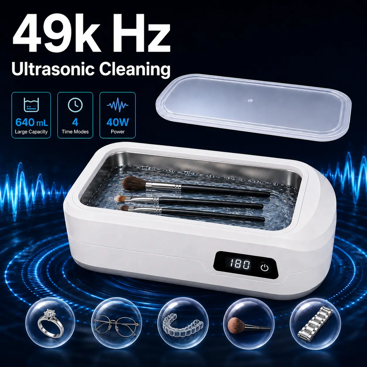 Makeup Brushes Ultrasonic Cleaner Machine, 640ML Multi-Use Sonic Cleaning Device with 49kHz Cleaning, 4 Timer Modes and Stainless Steel Tank for Eyeglasses, Jewelry, Retainers and Watch Bands
