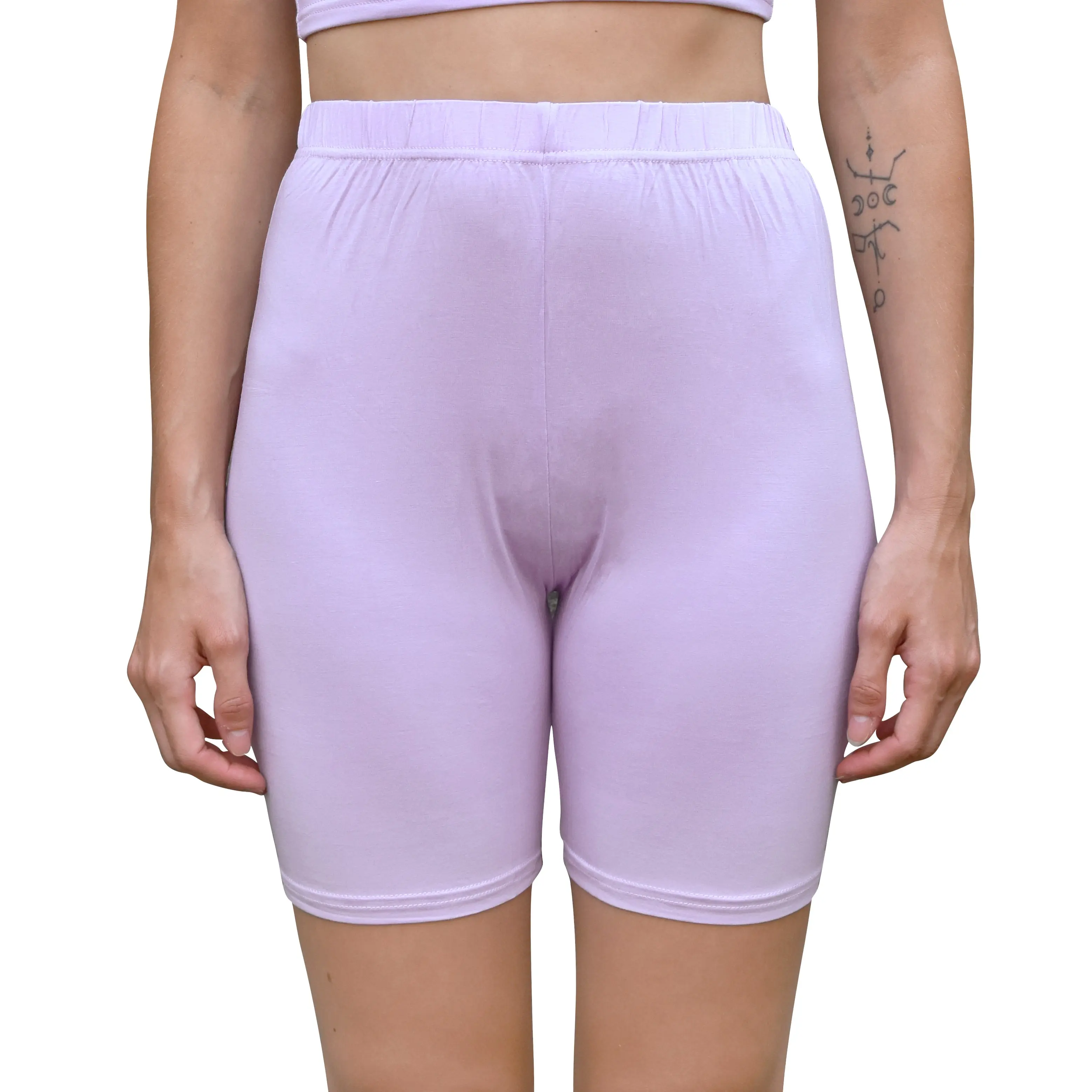 Daisy Del Sol Women’s High Waisted Yoga Pilates Forbidden Pants Athleisure Printed & Solid Stretchy Knit Bermuda Biker Loungewear Shorts  - Solid Lavender
