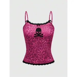 Pink Leopard Lace & Skull Embroidered Women Tank Top