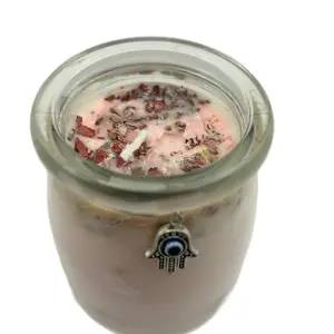 7 oz candle infused with dragons blood sage, evil eye charm for cleansing and warding away any unwanted negative energy