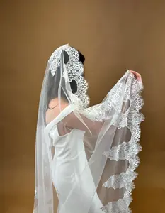 Cathedral Lace Mantilla Veil Fingertip White Veil for Bride with Wide Lace Trim Elegant Wedding Accessory