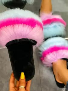 Women's New Faux Fur Home Slippers, Fashionable Patchwork Design, Soft Plush, One-Piece Easy Wear, Fall & Winter Comfort