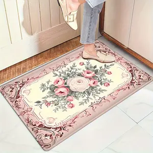 Durable Bathroom Floor Mat, Dirt & Water Absorbent, Non-Skid Bottom, Stain Resistant. Elegant Pink Rose & Scrollwork Design, Ideal for Shower & Front Door Use