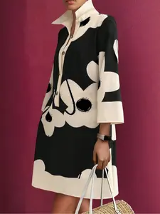 Plus Size Women's Floral Print Woven Fitted Polo Neck Button Shirt, 3/4 Sleeve Midi Dress for Casual Office Weekends, Colorful Checkered Design