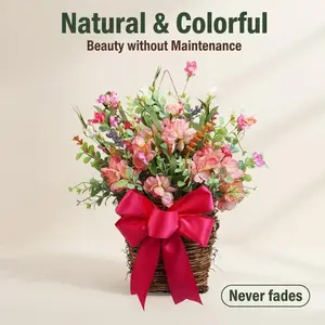 New Farmhouse Artificial Flower Basket, Spring Floral Door Hanging Decor, Plastic Indoor Outdoor Wedding Party Festival Home Decoration