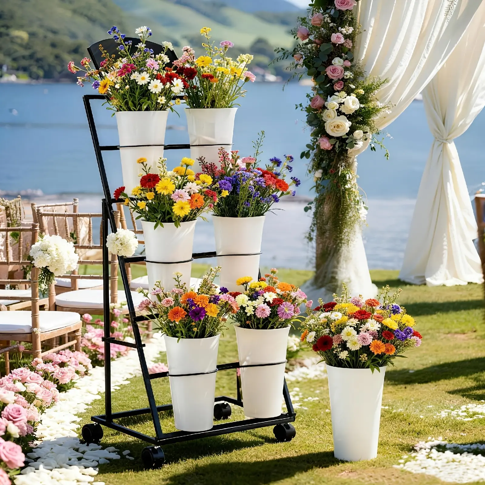 Elegant Floral Display Rack with White Pots for Wedding Decorations and Event Arrangements