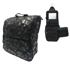 Dream Duffel Large Hanging Cosmetic Case Monochrome Leopard Print Makeup & Hair Organizer with Mirror and Hanger Feature