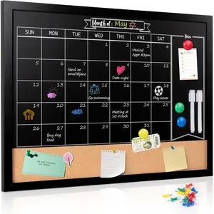 Monthly Chalkboard Calendar & Cork Board for Wall, 18" x 24"  Chalk Calendar Board Combo Board, Hanging  Frame Combination Board Blackboard with Pens for Office, School, Home
