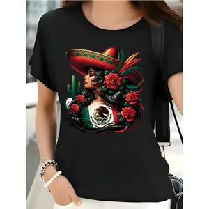 womens latino floral print short sleeve t shirt vibrant mexican with sombreros casual round neck top for easter mothers day casual attire machine washable seasonal fashion festive style breathable material printed blouse cultu