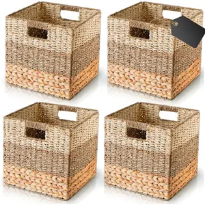 10.5in x 10.5in Wicker Storage Cubes, Foldable Natural Wicker Cube Storage Bin, Heavy Duty Hyacinth Storage Baskets, Cube Storage Baskets 11 x 11 for Shelf, 4 Pack Hollow Metal Organiser Room Hand