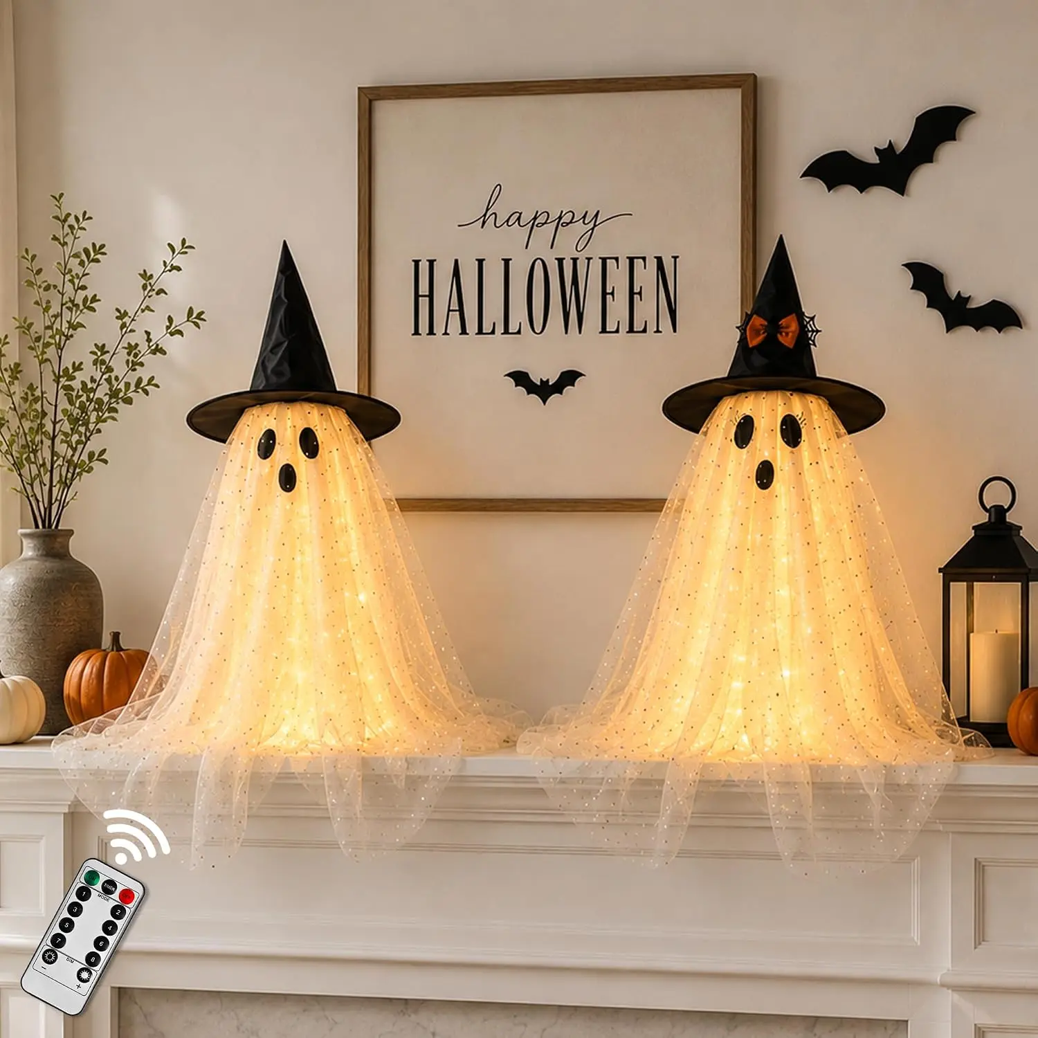 2 Pack Lighted Ghost Decor, Halloween Tabletop Decorations with LED Lights for Home, Office, Kitchen & Party Display