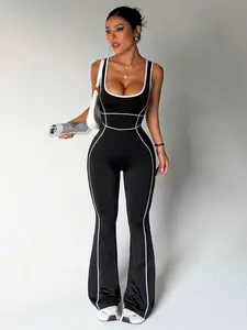 DORRIS Women's Yoga Outdoor Fitness Jumpsuit With Wide Strap, Tight Fit Flared Pants With Contrast Color Stripes Yoga Jumpsuit Activewear Jumpsuit