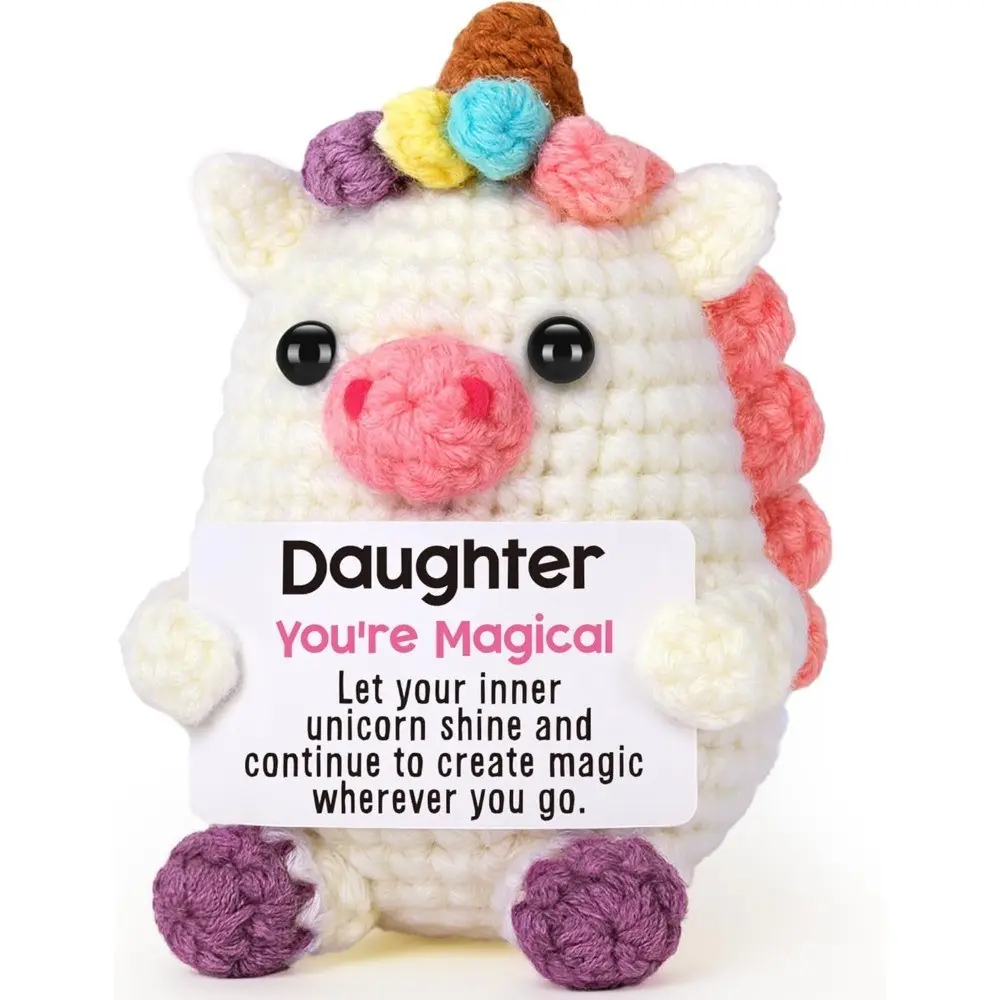 Handmade Crochet Amigurumi Gift, Amigurumi Stuffed Animal, Crochet Animals - Cute & Encouraging Mini Unicorn for Daughter, Perfect for Birthday, Graduation, White Elephant, Cheer Up, Positive Desk Decor - Ideal Gift from Mom & Dad for Any Occasion
