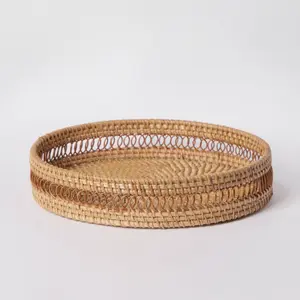 Round Rattan Tray — Decorative White Woven Tray for Coffee Table & Home