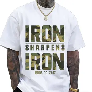 CMBT Men's Bible Verse Printed Short Sleeve T-Shirt with Proverbs 27:17 Design and Geometric Camouflage Pattern, Oversized Loose Fit Street Style Breathable Top, Summer Casual Sports Shirt, Machine Washable