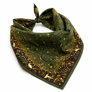 Mulberry Silk Scarf 100% Pure – Dark Green Floral Birds Print, 22” Square Silk Bandana, Elegant Neck Scarf, Hair Wrap for Women
