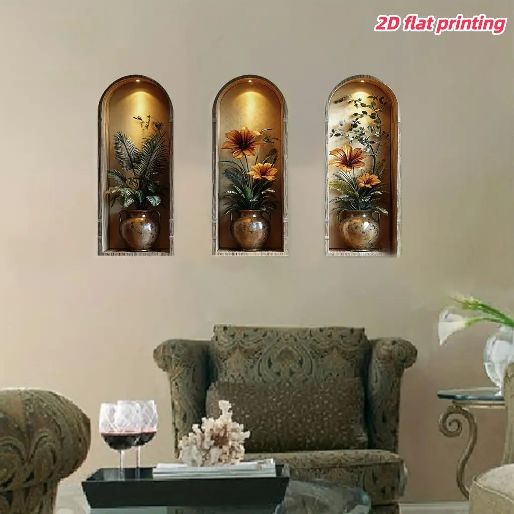 3-Piece set, Decorative wall sticker, three-dimensional simulation wall sticker, removable self-adhesive design, realistic vase plant effect, suitable for home decoration including living room, bedroom, study, bathroom and other places, Wall Art Stickers
