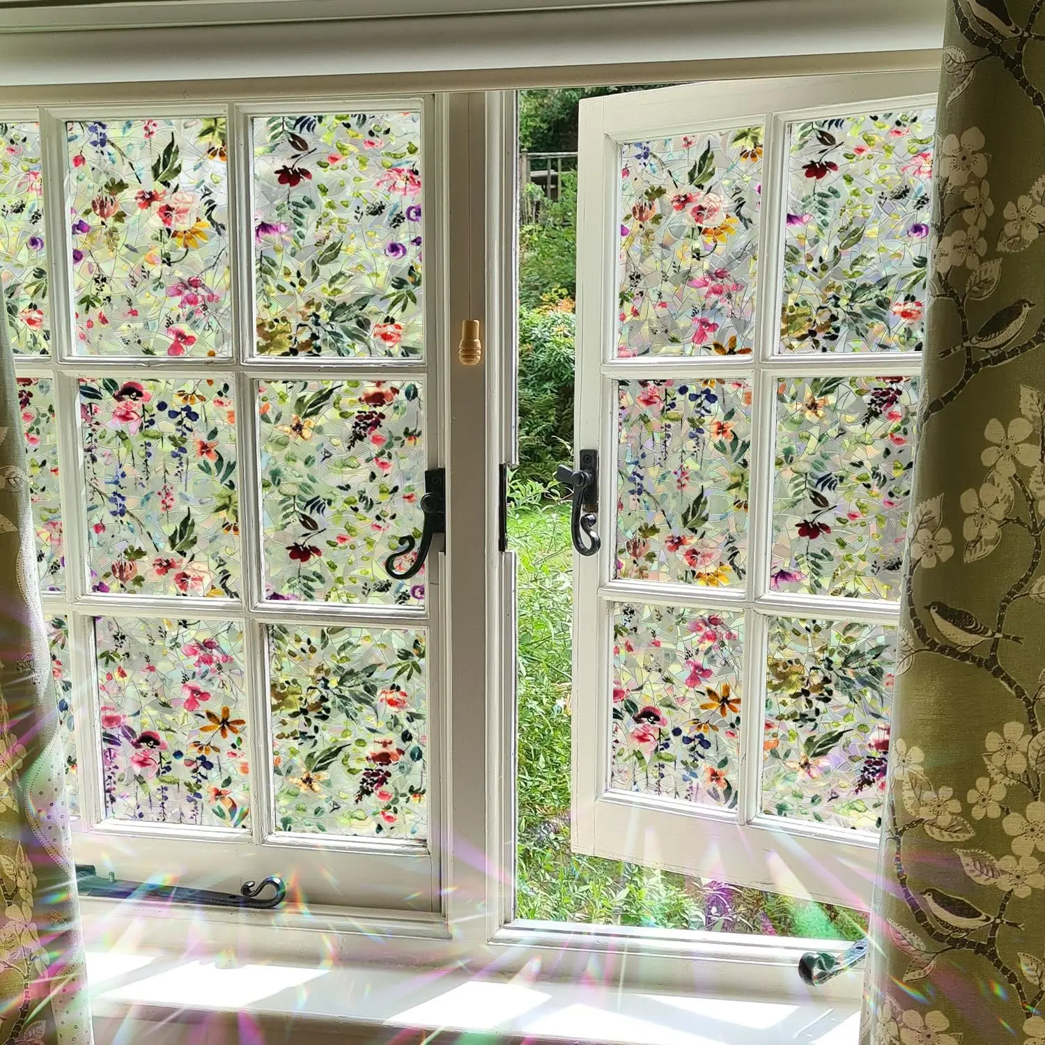 Floral Rainbow Window Film Spring Wildflower, 39.37"x16.93" | Rainbow Suncatcher Window Sickers, Static Cling Decals for Home Living Room Bathroom Glass Window Door Car Decor